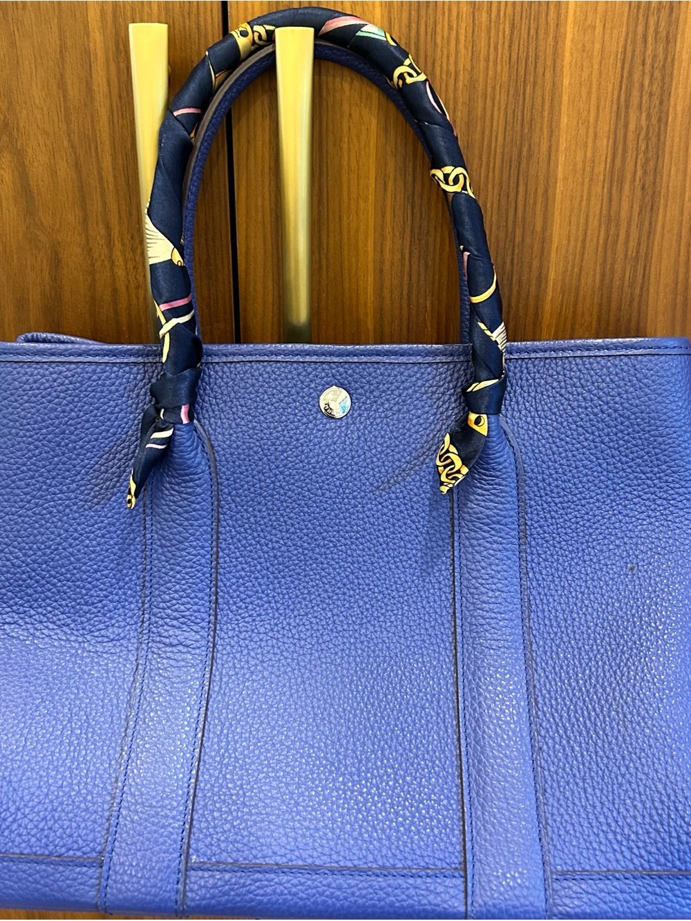 Blue Leather Tote Handbag with Decorative Scarf-Wrapped Handles